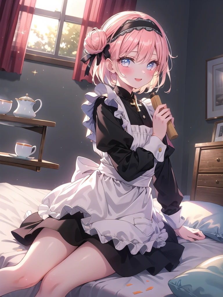 ((8k, Highest quality, masterpiece: 1.3)),Ultra-high resolution,(1 girl, alone), (Color changing eyes, Ultra-detailed, Expressive brilliance, Glitter, Glowing Eyes), Highly detailed eyes, Highly detailed face, Random Hair, ((pastel colour)),A cheerful young woman with pastel peach-colored hair styled into a simple bun, sitting cross-legged on her bed in her brightly lit bedroom during a sunny morning. She is dressed in a cute yet subtly sexy maid cosplay, wearing a short black dress with a white apron and a matching headband. The camera captures her from a slightly low angle as she smiles brightly while holding a feather duster, her expression full of playfulness and charm. The room is bathed in natural sunlight, with a few neatly arranged pillows on the bed, a small tea set on a tray, and a tidy, welcoming atmosphere, (nsfw:1.2)
