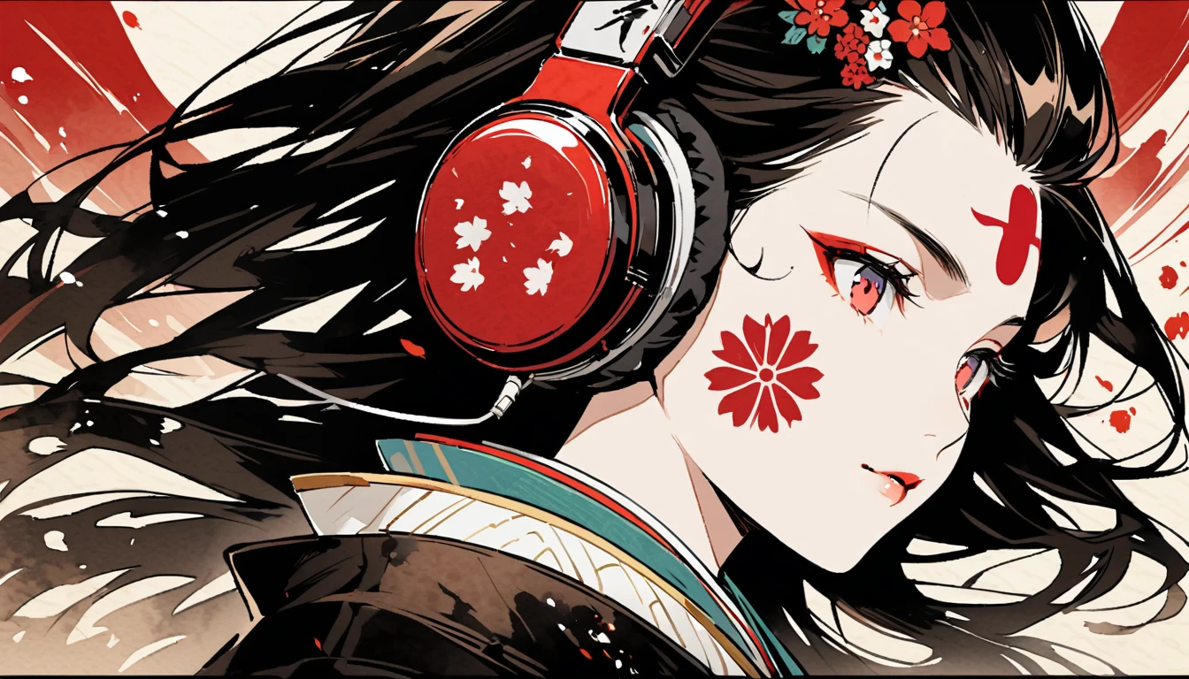 (((Ink Painting))), ((Japanese style headphones)), (((White face with Japanese pattern tattoo))), face close up, Magnificent hair ornament, Japan人の女, Fluttering Hair, Japan, Japanese flag