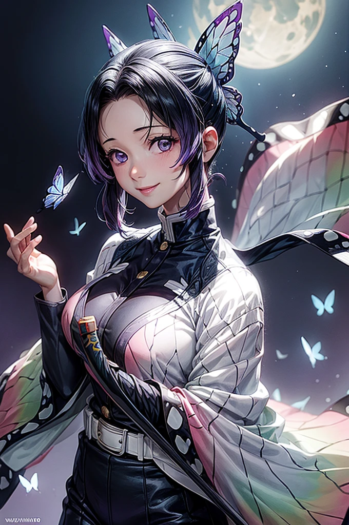 Shinobu Kochou,(比基尼:1.2),(masterpiece, Highest quality:1.3), (Super detailed:1.4),(Super detailed顔:1.2),(Super detailed目:1.2), (hyperRealistic:1.3), (RAW Photos:1.2), High-definition RAW color photos, Professional photos, (PhotoRealistic:1.4), (Realistic:1.4),8k,Professional Lighting, Perfect Anatomy, BREAK,(Big Breasts:1.4),(blush:1.2),(Bright smile:1.2),detail, Sharp focus, dramatic,dutch angle,blue sky,Ocean,sun,cloud,Butterfly Hair Ornament, Purple eyes, Multicolored Hair, short hair, Parted bangs, amount, Haori, Wide sleeves,Caustics,Surface scattered reflection,Sexy gravure pose