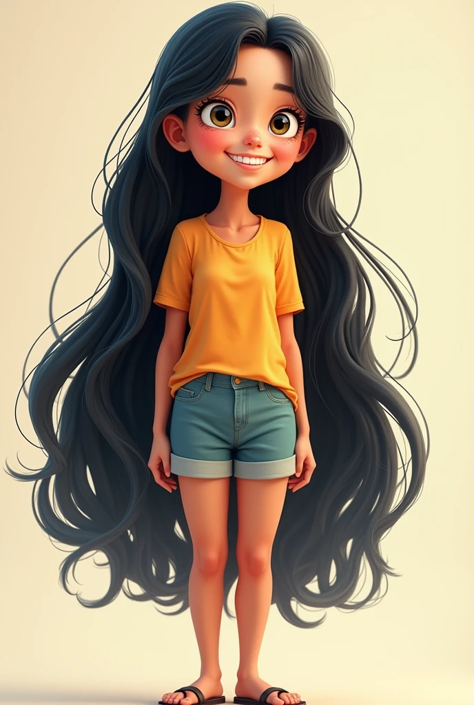 Create a tall, funny girl with a big beautiful smile, long black hair.