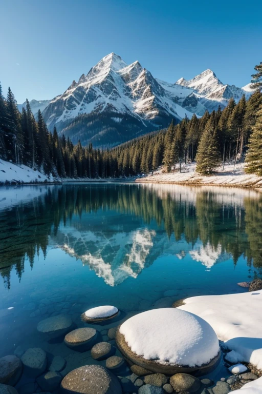 "A majestic natural landscape with snow-capped mountains under a clear blue sky, a crystal clear lake in the foreground reflecting the mountains, and a lush pine forest bordering the water. The sun's rays gently illuminate the scene, creating an atmosphere serene and peaceful."