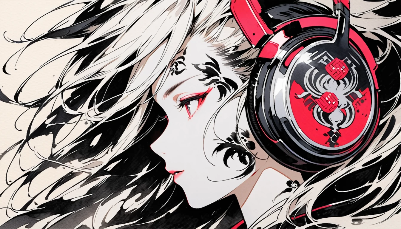 (((Ink Painting))), ((Japanese style headphones)), (((White face with Japanese pattern tattoo))), face close up, Magnificent hair ornament, Japanese Woman, Fluttering Hair, neon