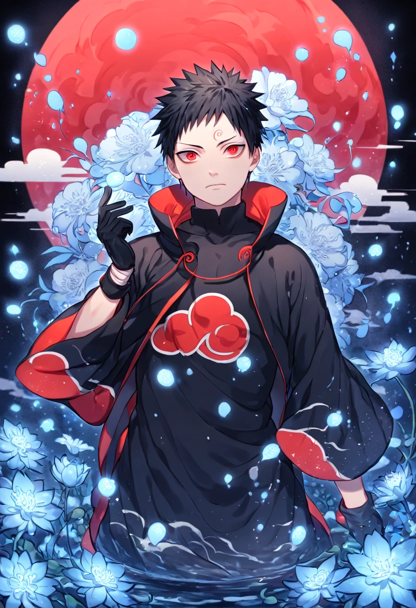 absurdres, highres, ultra detailed, HDR, master piece, Uchiha Obito, black hair, expressive red eyes, black tunic with patterns of red clouds, Naruto Shippuden, Akatsuki, handsome, best quality, blue moon, flowers, fantasy, magical, sexy man, solo, water, blue shining fireflies, blue petals, black gloves, sensual, manly man,