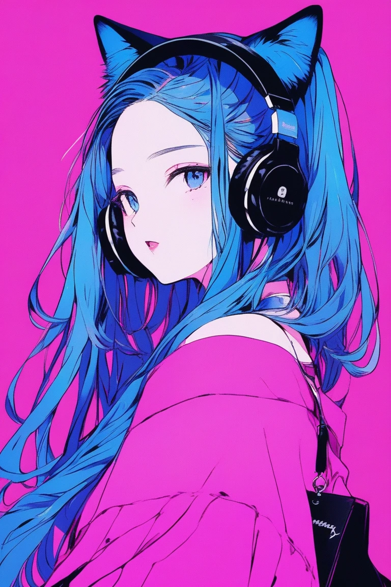 ((masterpiece,Highest quality)), 8k, anime , Realistic ,sketch, anime風のポートレート, (((黒猫を連れたanimeの女性))), 20-year-old, Blue gradient background, Off-the-shoulder knit, Neon long twin tail hair, lip, Big earrings, Wear headphones, Texture Trim, Canadian, Upper Body, (masterpiece,Highest quality)