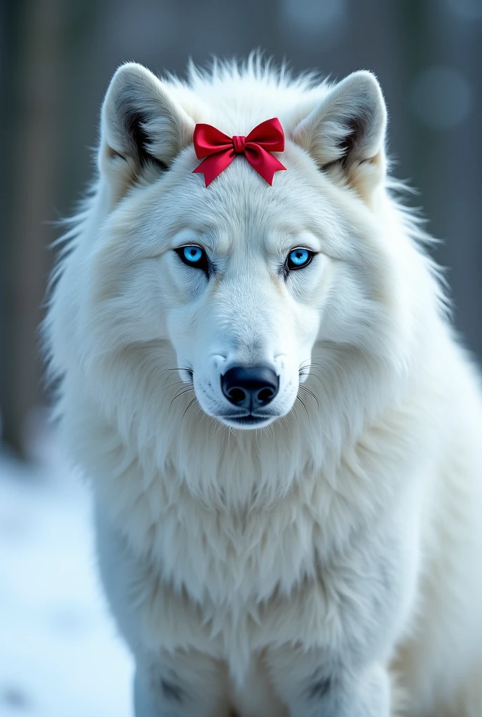 A white wolf with blue eyes with a red ribbon on his head, thick and straight