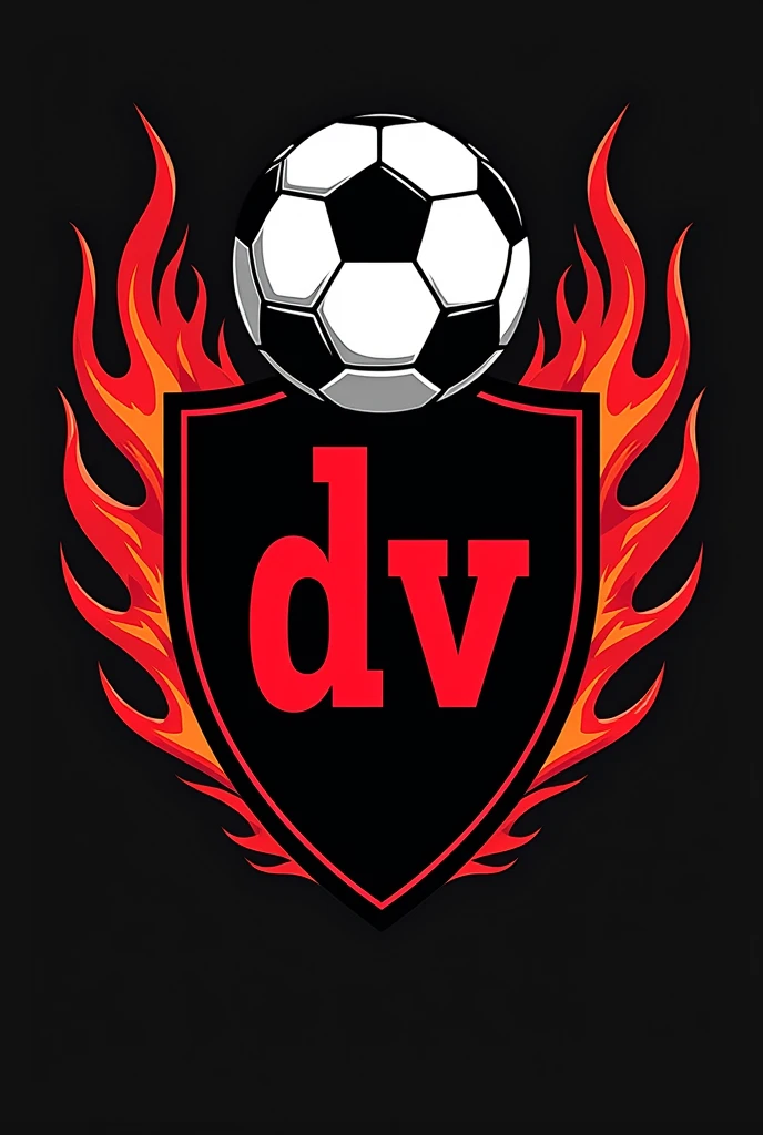 Football shield with black and red details with the initials dv with a soccer ball in the center of the top and flames on the sides
