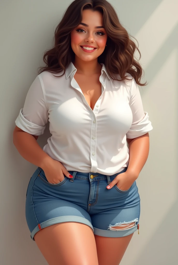 Girl, curvy, huge boobs, huge thighs, white shirt, small denim shorts, oiled body, smiling