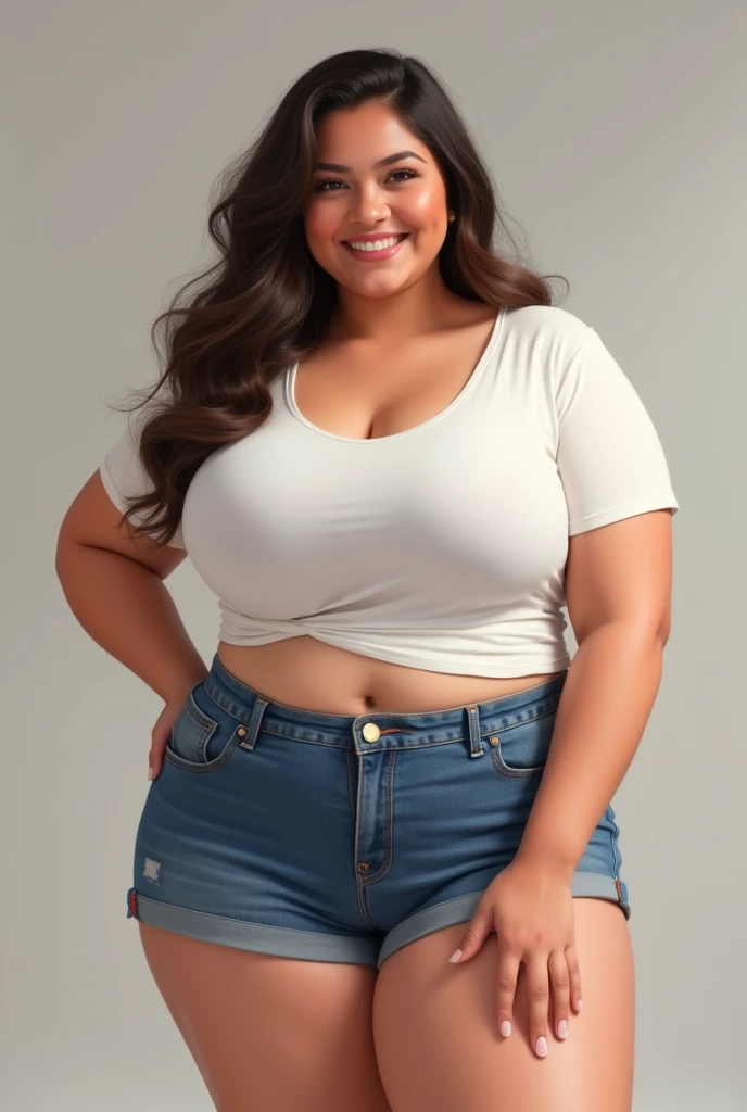 Girl, curvy, huge boobs, huge thighs, white shirt, small denim shorts, oiled body, smiling