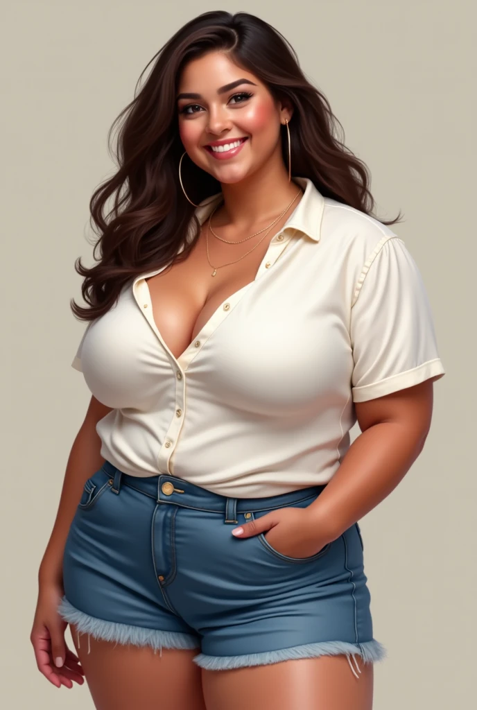 Girl, curvy, huge boobs, huge thighs, white shirt, small denim shorts, oiled body, smiling