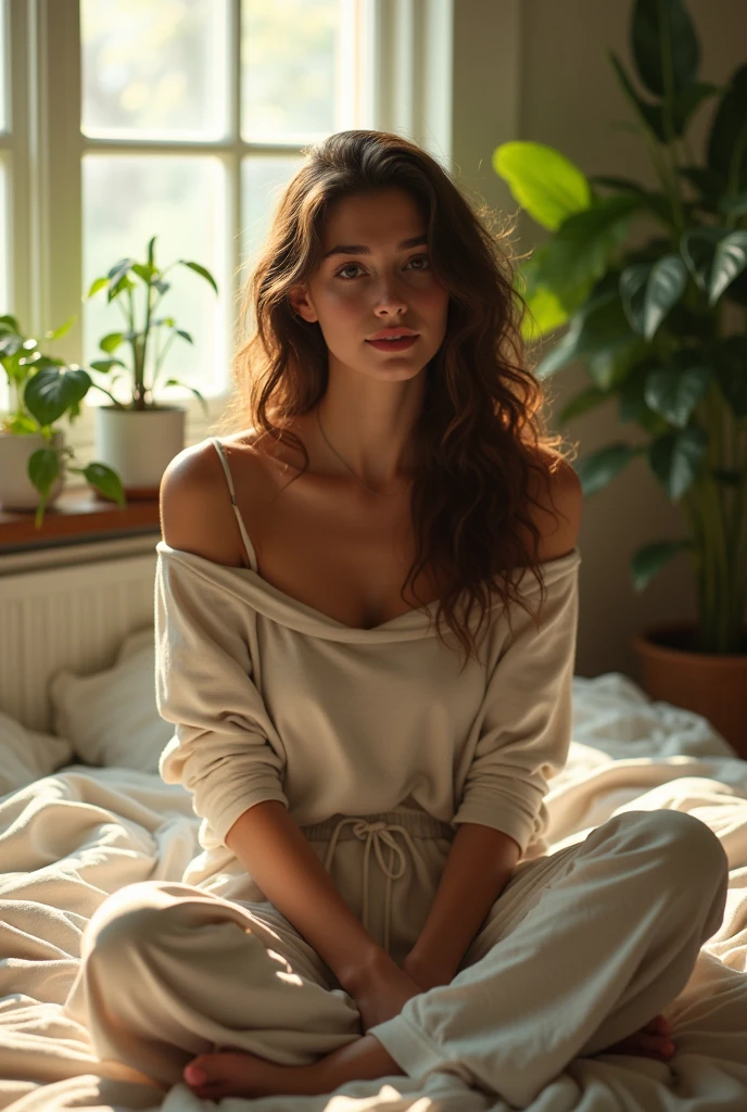 (photorealism:1.2), beautiful woman, sitting on bed, wearing loose off-shoulder top, pajama pants, long curly hair, indoors, soft lighting, plants in background, window with sunlight, cozy room, relaxed pose, realistic, intricate details, warm colors, by Greg Rutkowski, by Alphonse Mucha