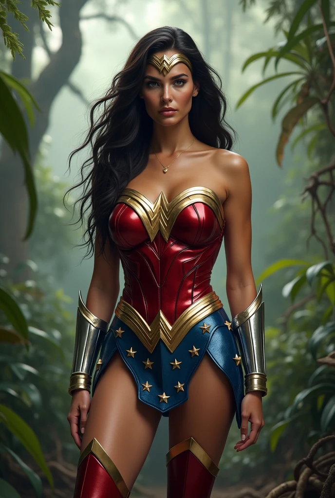 Adriana Lima under the mantle of the Amazon warrior Wonder Woman long black hair red corset suit and blue Legis with stars red boots Diaema Wonder Woman on her forehead 