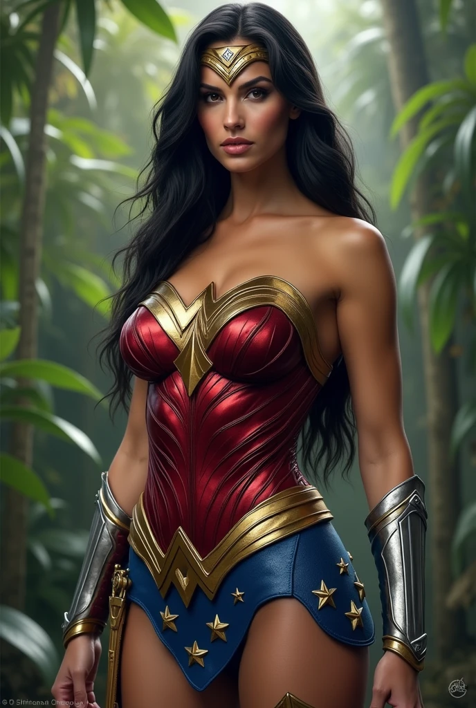 Adriana Lima under the mantle of the Amazon warrior Wonder Woman long black hair red corset suit and blue Legis with stars red boots Diaema Wonder Woman on her forehead