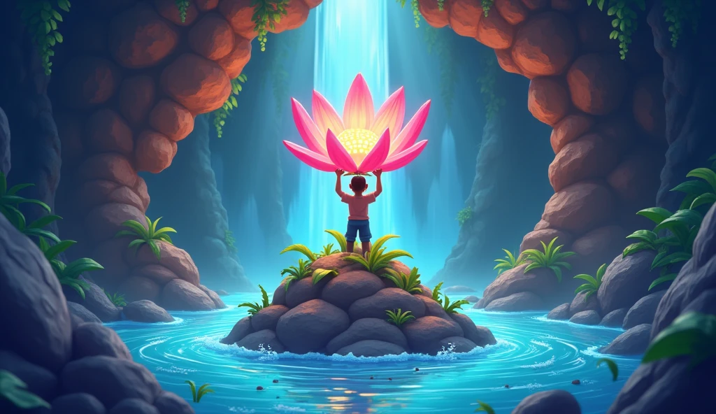 A cave, a small mound in that cave, a man is standing on that mound with a magical flower, water is flowing all around the mound, 3d cartoon image