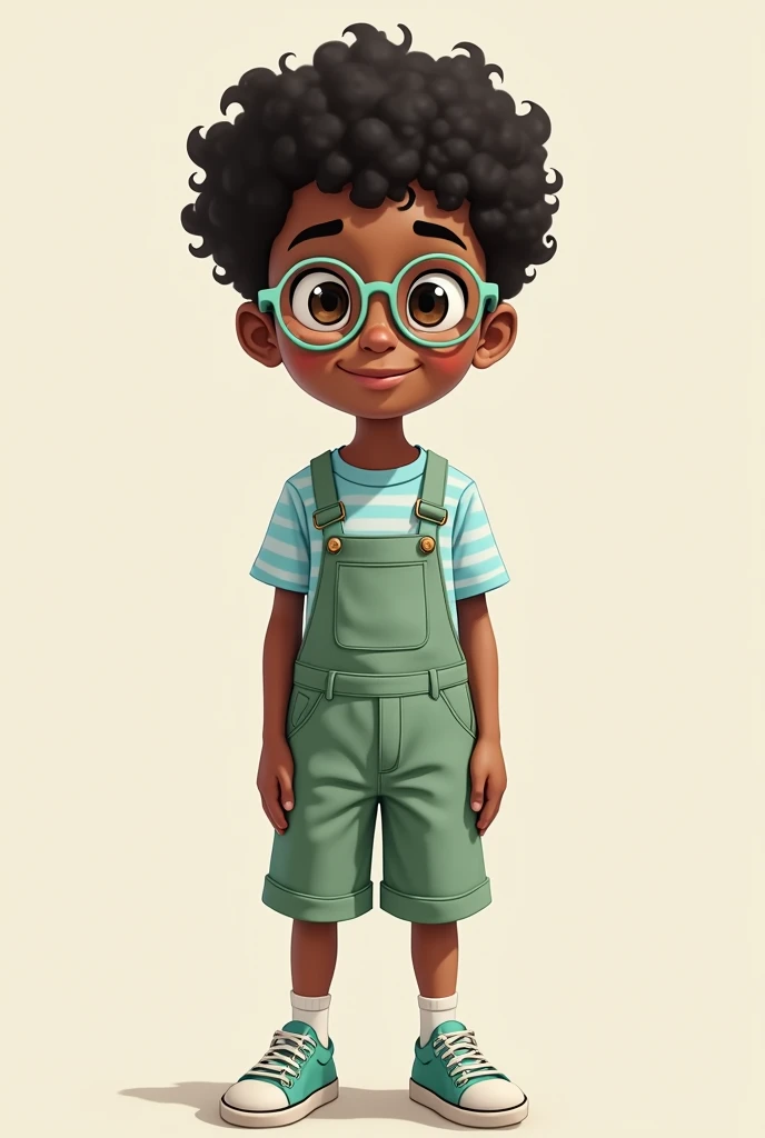 Young male, teen-young adult,anime,freckles, black skin,arm dimples,light baby blue striped shirt,overalls, white socks,light green shoes, light green eimmed glasses, black curly hair, black eye's