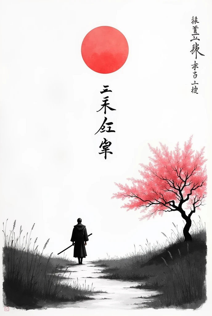 black and white drawing in Japanese style, Samurai in the distance (man, adult person) walking along a path through a field, a single pink cherry blossom tree nearby, Red moon in the sky, The picture above shows a Japanese kanji "quiet". Everything is harmonious around