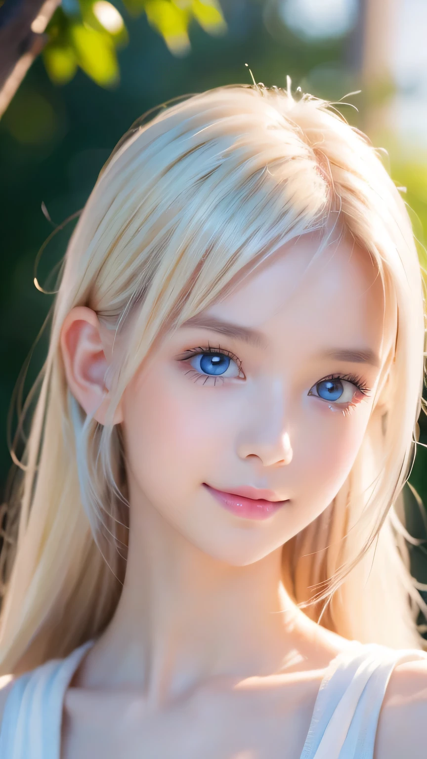 RAW Photos、(((A portrait of extreme beauty)))、((Radiant white beautiful skin))、1 person、A cute, child-faced, beautiful Nordic girl、((Glossy bright platinum blonde hair))、Cute clothes、Bangs that fall over the face、[Attractive, whitish, very light blue eyes]、Super long straight silky hair、eyeliner、Beautiful Bangs、Hair between the eyes、Fluttering Hair、smile、((masterpiece、最high quality、Super detailed、Film Light、Intricate details、High resolution、8k、Very detailed))、Detailed Background、8K  UHD、Digital SLR、Soft light、high quality、Film Grain、Fujifilm XT3 、Shallow depth of field、Natural light、（Perfect hands）、Small Face Beauty、Round face、Perfect beautiful face、Large Breasts