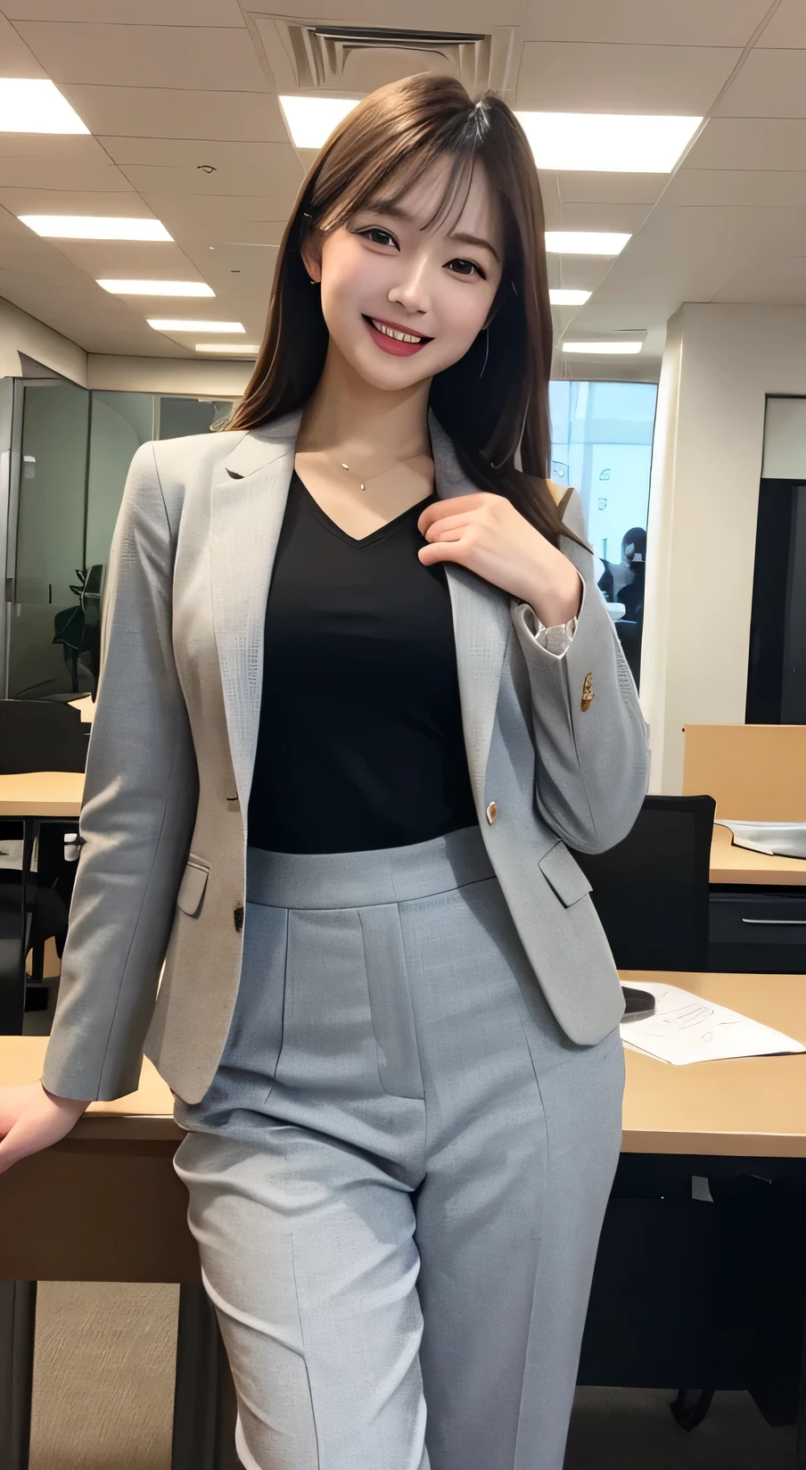 Tabletop, Highest quality, figure, Very detailed, In detail, High resolution, Beautiful girl、Laughter、Casual business suit、Large Breasts、The chest was wide open、Office Background