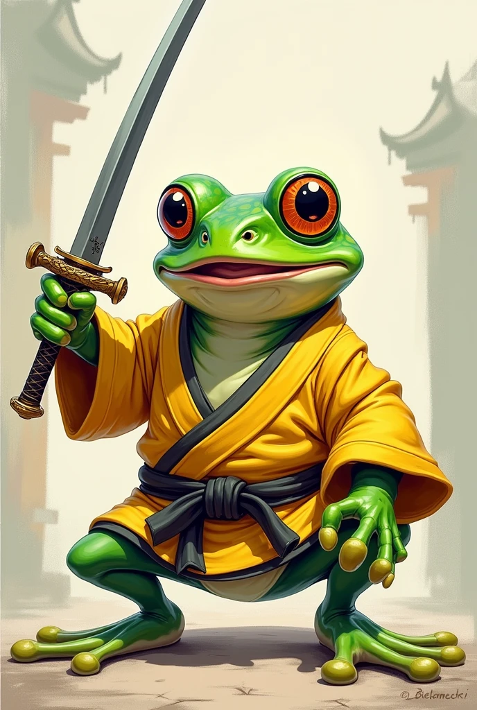 Caricature of a frog, wearing yellow haori, wielding a samurai sword