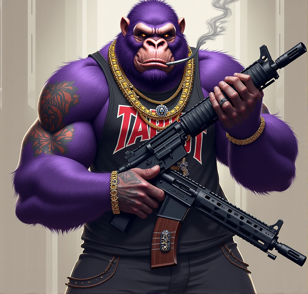 Purple Ape, With giant and high-caliber weapons, wearing a Tapout brand shirt, tattooed, with huge diamond and gold rings, smoking with a pipe
