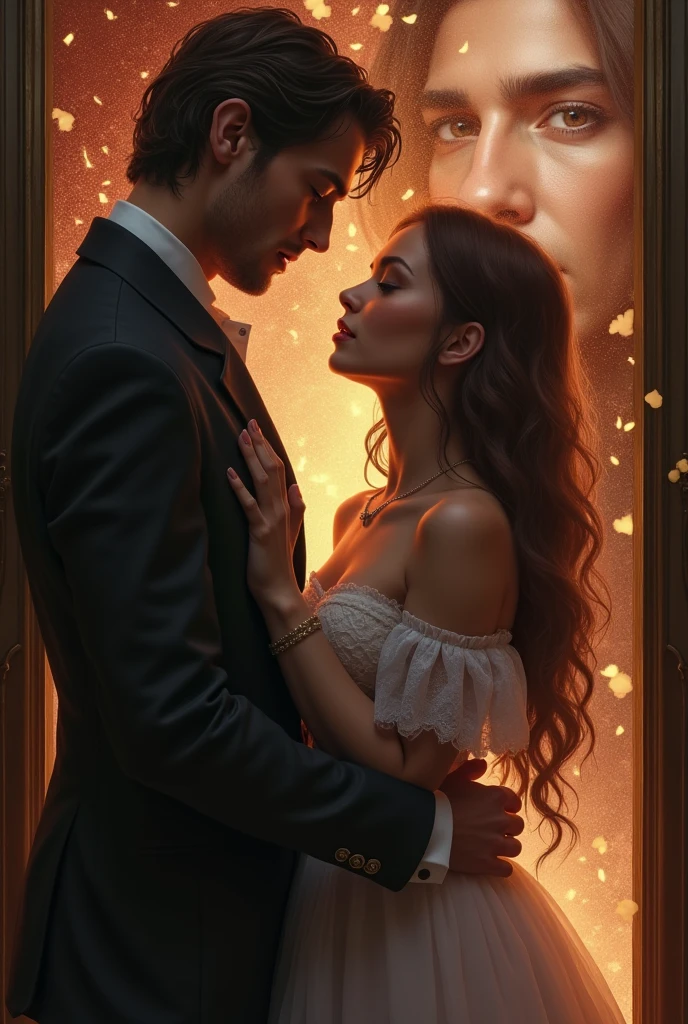Hadrien : Place-le au premier plan, en train de discuter ou d'interagir avec la femme à ses côtés. Il devrait avoir une posture ou une expression qui suggère qu'il est distrait ou pensif.
Arthur : Positionne Arthur en arrière-plan ou dans un reflet subtile, comme à travers une vitre ou dans un miroir. Son regard doit capturer l'attention, avec une expression qui montre qu'il est le centre de l'intérêt d'Hadrien.
Pour Hadrien et la femme, montre leur interaction, mais sans trop de détails pour que l'accent soit mis sur le regard d'Hadrien.
Pour Arthur, assure toi que son expression est captivant, reflétant le moment de connexion intense avec Hadrien
Typographie :
Assure-toi que le titre "A Blazing Moment" et le nom de l'auteur : " Japhet Manegda" soient intégré de manière à ne pas distraire de l'image mais à compléter le design global. Choisis une police élégante et romantique qui s'harmonise avec le ton de l'image.
Nb: je veux voir tous les trois personnages sur la phot