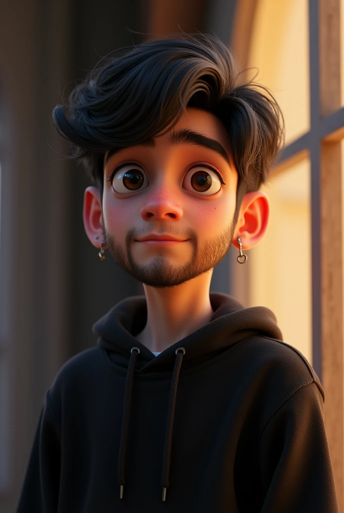 Disney Pixar Character, age 20 years, earring in ears, shorth hair, sem beard, dark haired, dark shaped eyes, black fleece sweatshirt.