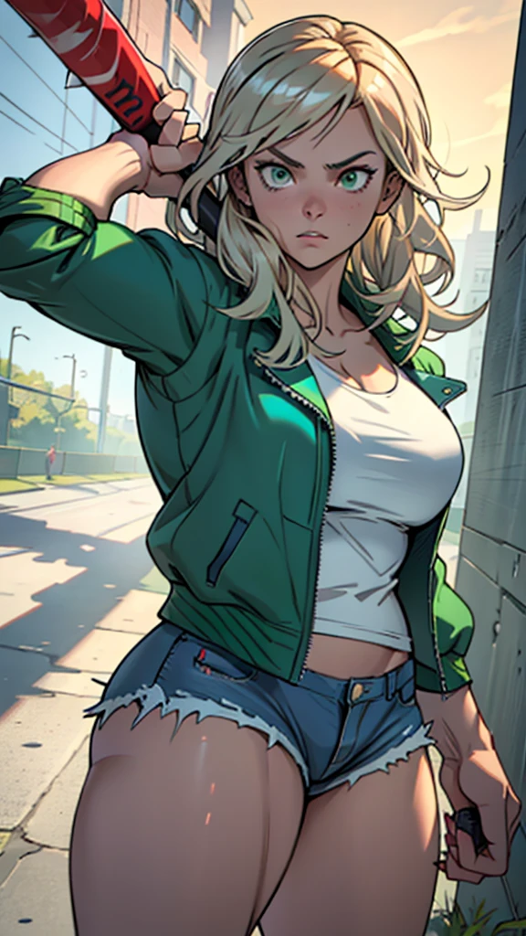 High detailed, masterpiece, 1 girl, solo, silvery Blondie hair, Green eyes ,big breasts, wearing BLUE jacket, Red top, teared shorts, Holding a spiked baseball-bat in hand, firm strong curvy body, toned muscles, Serious face, holding a spiked Bat, spiked baseball Bat in her hand