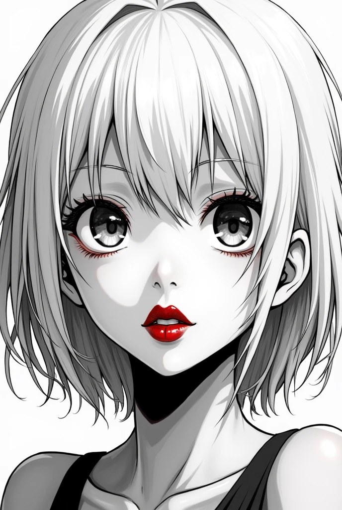 Black and white manga picture of girl with shoulder long white hair wearing japanese glossy lips