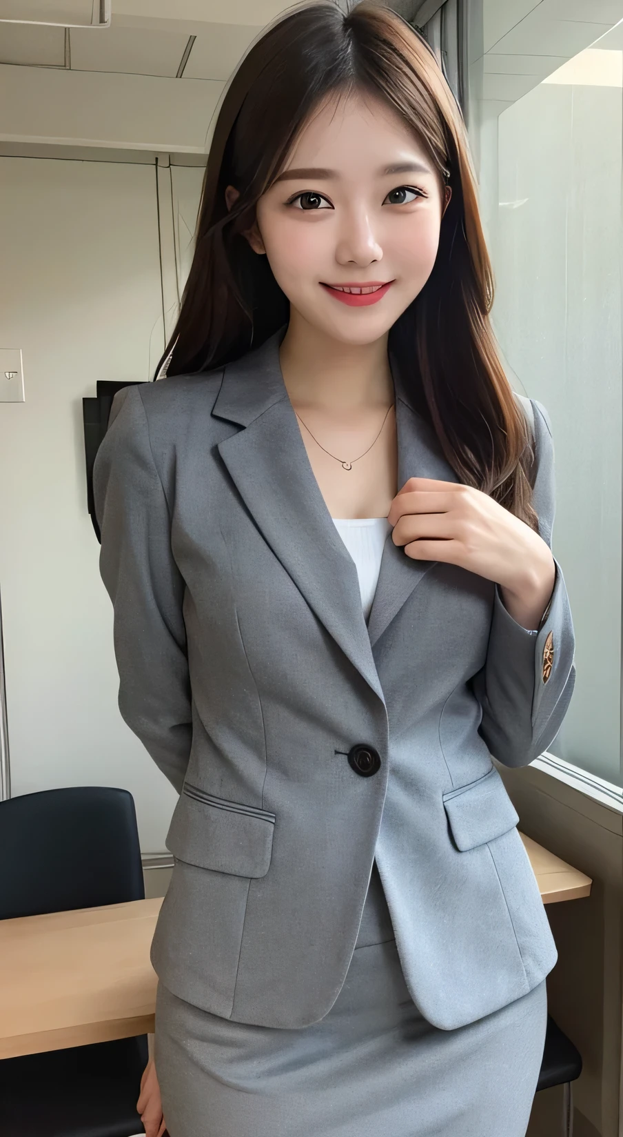 Tabletop, Highest quality, figure, Very detailed, In detail, High resolution, Beautiful girl、Laughter、Casual business suit、Office Background