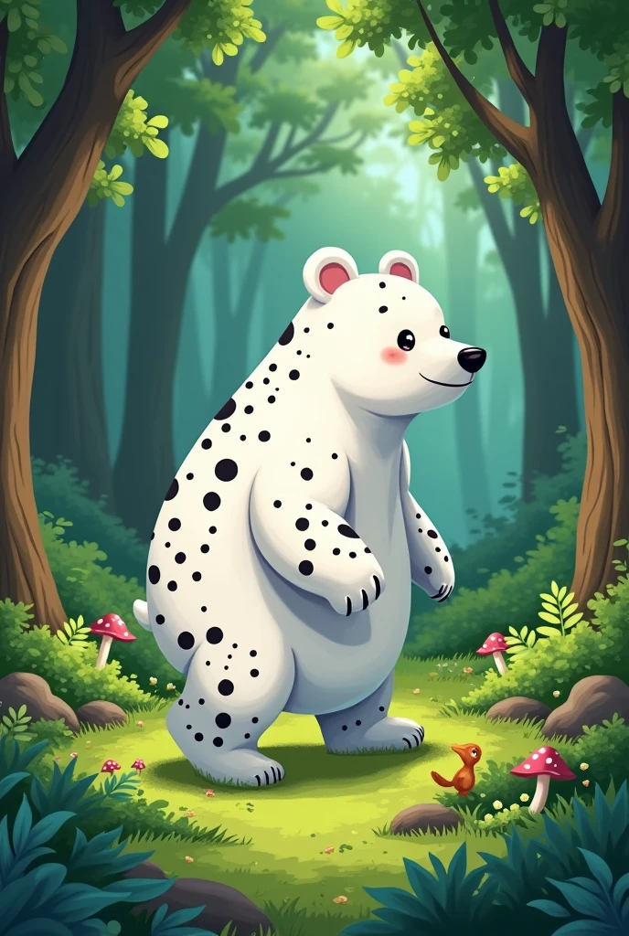 Make a cartoon white bear with black spots all over it, walking in a lush green forest