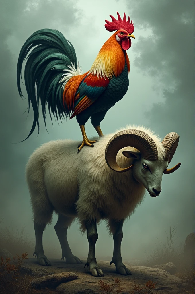 Strong rooster riding a sad ram