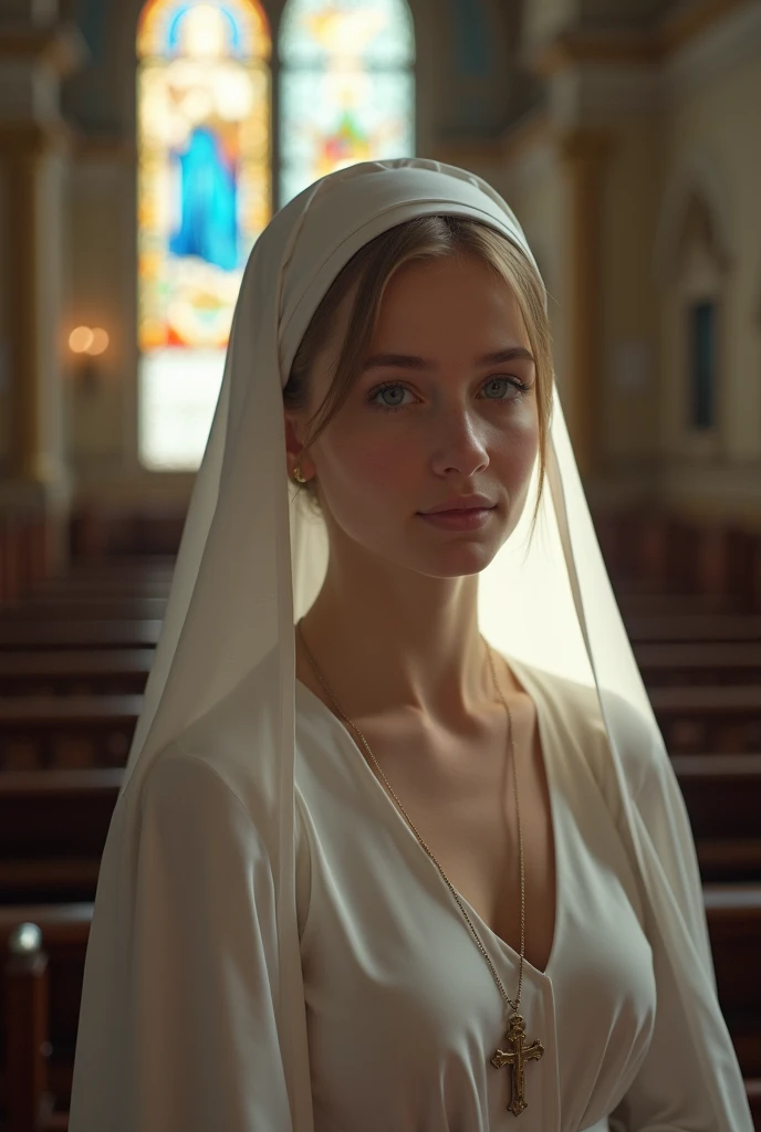 ((best quality)), ((masterpiece))（8K，tmasterpiece：1.2），（Hyper-detailing), ((Melena Maria Rya)), ((classic Russian features))（facial expression, youthful, extremely pretty：1.1），((Russian Authordox Nuns' white full-head wimple),：1. 3， beautiful detailed eyes， Light makeup, wearing a crucifix around neck, busy church, fully dressed congregation of elderly nuns watching, ((whole-body)), full frontal, ((nude)), ((no pubic hair)), legs open wide, ((disembodied slimy supersized dicks in anus and vagina)),（(erect nipples)), huge tit, ((moisturized, clean oiled shiny skin)), ((shiny oiled face))（The atmosphere, bright sunshine coming through stained glass windows：1.2), nua sem calcinha, pelos pubianos, olhar sexy, postura sexy, amostrando as coxas grossas, seios à mostra