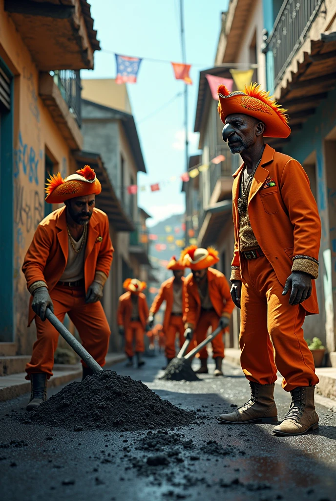 Image of a street in a Brazilian favela in Rio de Janeiro with men working with asphalt, with various pirates with orange parrot heads wearing orange suits 
