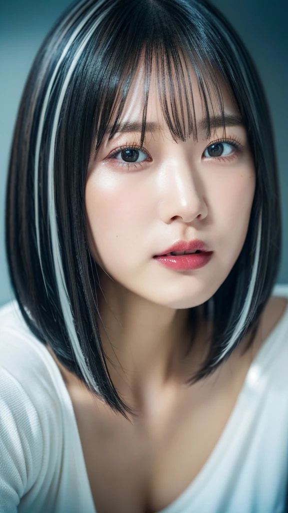 1 Japanese girl, (Realistic: 1.4), excited、Great face,Glossy lips、30 years old, Silver Hair、Silver Hair、short hair, 黒Hair、(Beautiful Hair:1.5), mini skirt、Beautiful legs、Lie down on the bed、Staring、Angle from the front, Smooth, Highly detailed CG composite 8K wallpaper, High resolution RAW color photos, Professional photography, Light, BackLight, dream-like, impressive, Written boundary depth, (Face close-up:1.5)
Cute summer clothes that accentuate the chest　
　Full body photography　
Big chest, Character portrait, Overlooking, Anatomically correct, Textured skin, accurate, chest, Big chest, Big chest,  