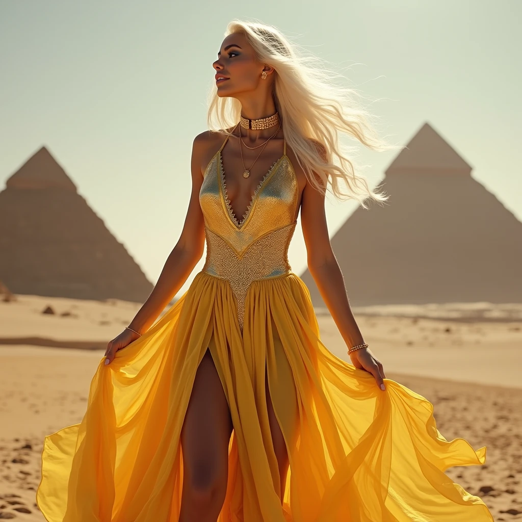 A white haired girl wearing a dress that looks like she's bathed in gold,I want her doing really sexy poses and I want the pyramids of Egypt in the background