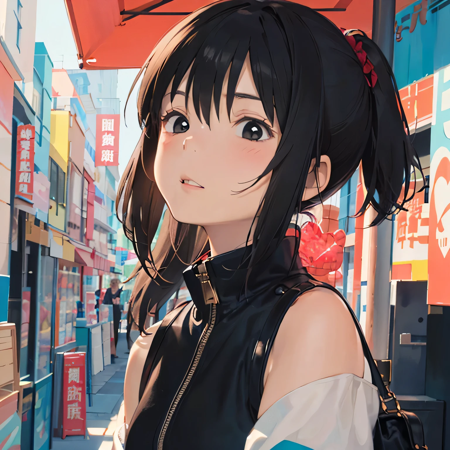 Mika Pikazo colorful style, Simple Line Initialism，Abstract art，Urban Background, (((The most beautiful girl of all time))), Sweet face. Lips in love, colorful hearts, stylish design, (((黒い瞳)))