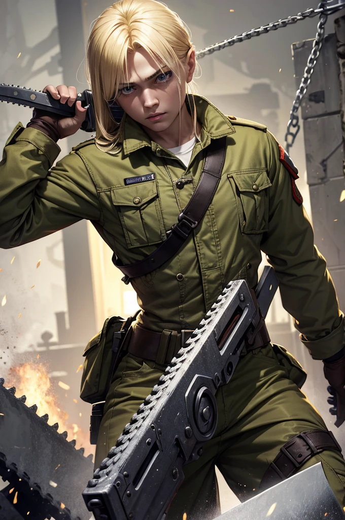 Crazy blonde Russian soldier with holding a chainsaw