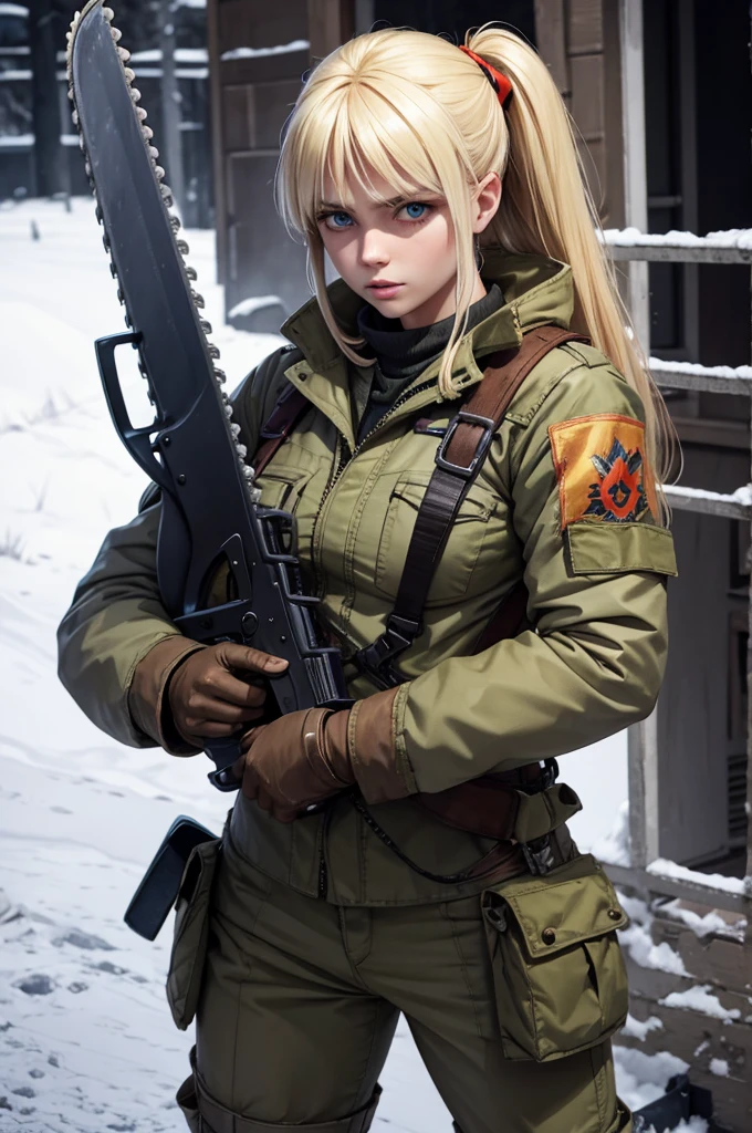 Crazy blonde Russian soldier with holding a chainsaw