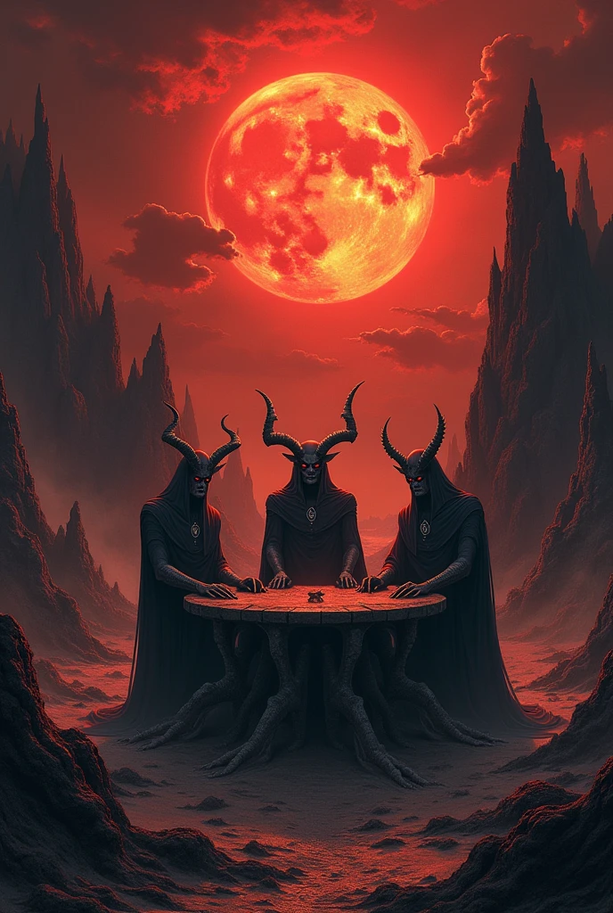 Illustrate a hell with the sun in the background and dark gods sitting at a table