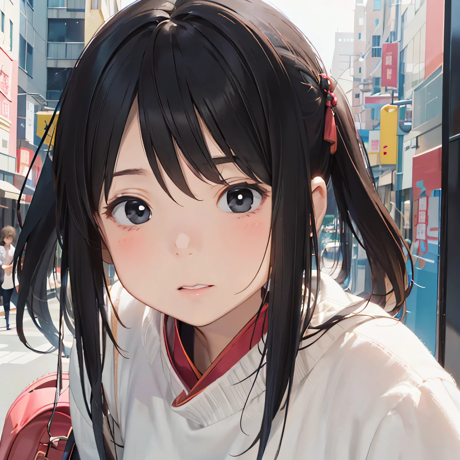 Mika Pikazo colorful style, Simple Line Initialism,Abstract art,Urban Background, (((The most beautiful girl of all time))), Sweet face. Lips in love, colorful hearts, stylish design, (((黒い瞳)))