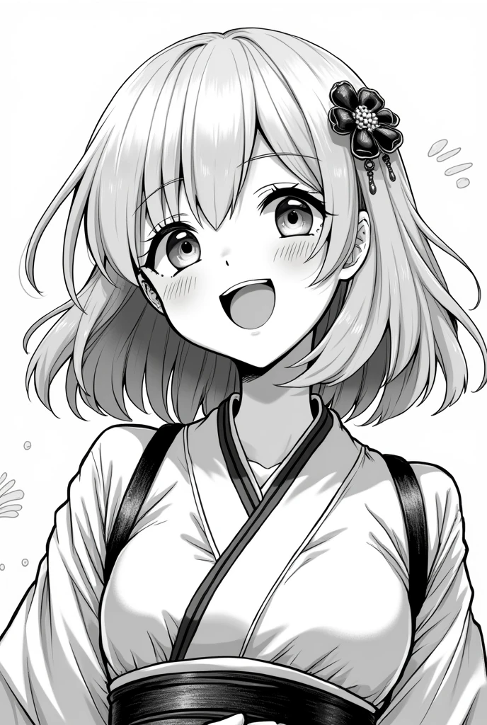 Black and white manga illustration of a girl with shoulder-length white hair wearing Japanese style clothing. She has glossy lips and is laughing.