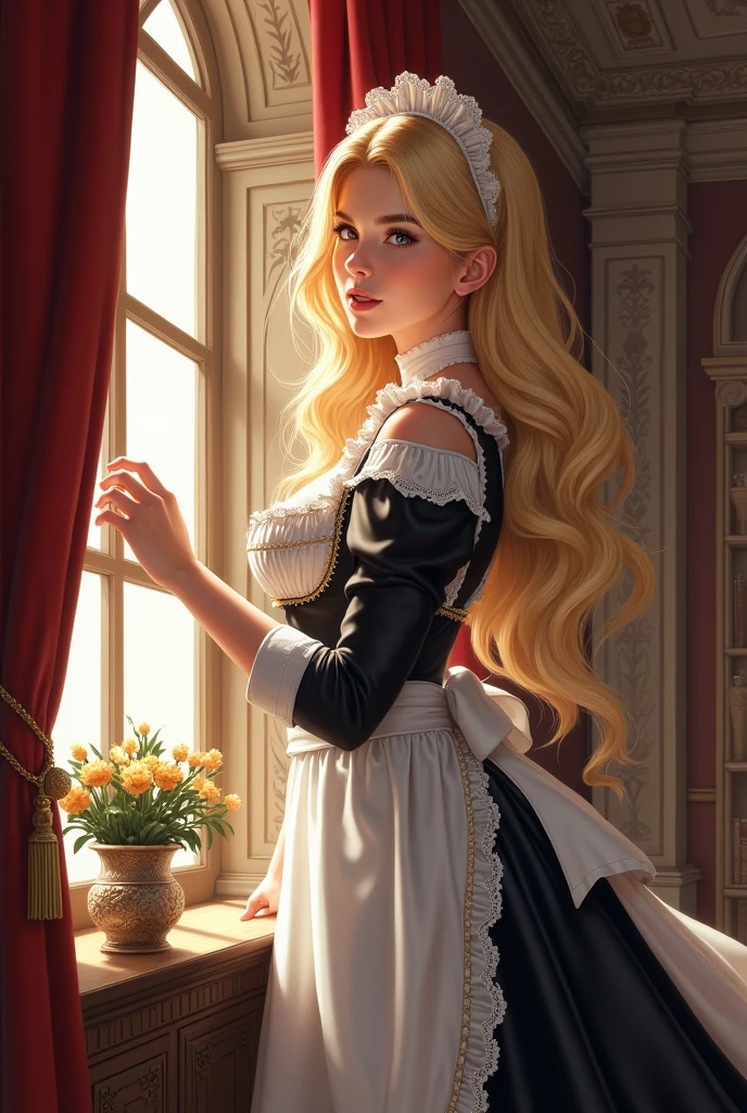 Young woman, Nineteen , Blonde hair, Big breasts,Thin waist, Big butt, Wearing a maid outfit,Wear a medieval European outfit , Wipe the windows, Manga illustration 2.5D