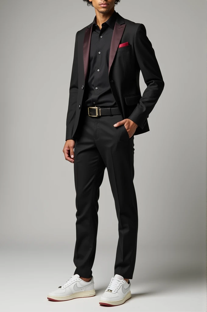 Man wearing a smart casual outfit with white Nike sneakers, black twill pants and black dress shirt with burgundy details