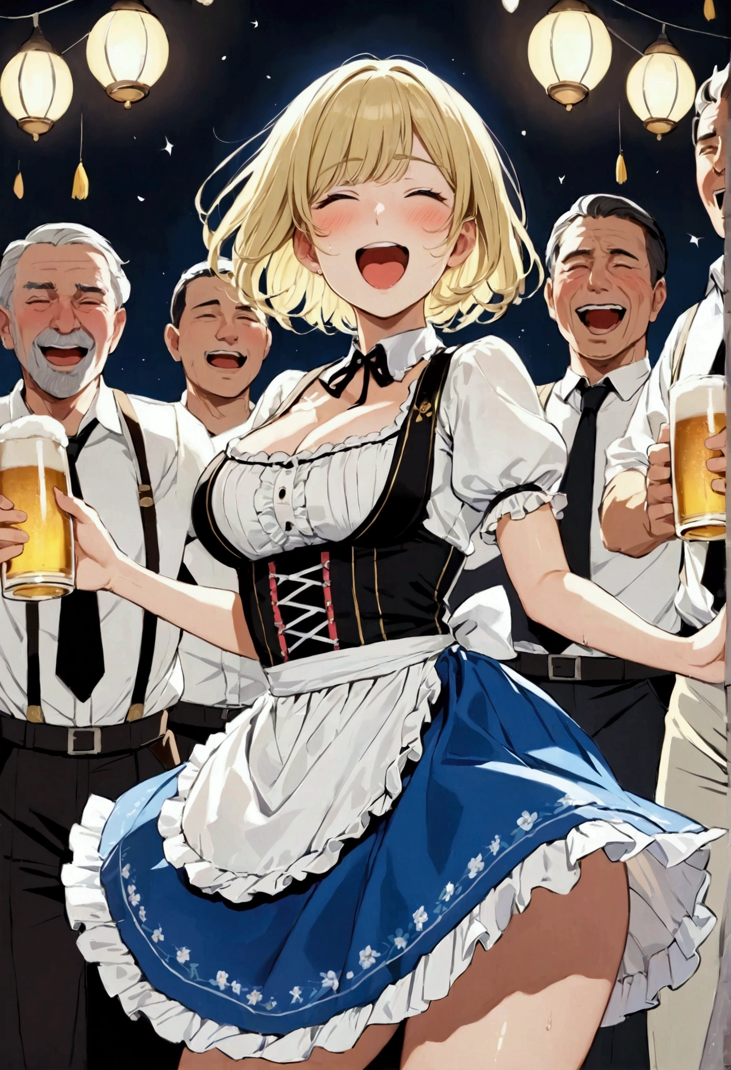 Blonde, Bobcut, chest, from the front, (Cowboy Shot), (Close ~ eyes), ((Black and white dirndl)), (Blue Skirt)、White apron、Germany, teenager, Tilt your head:1.3, (((wave hands))), ((Stretch your arms)), (Highest quality, 4K, 8k, High resolution, masterpiece:1.2, Very detailed, Very detailed eyes,(Full Body Shot), , ((bar)), Dark Night,lamp、Beer 、Beer Glass、crowd、Drunk、Middle-aged men、chestを開く, Very slim, Big Breasts, focus on, in front of the eyebrows, Thick thighs((Gathered skirt)),Wet with sweat,((chestの谷間に汗をかく))((腕でchestの谷間を強調する)),Laughing with your mouth open、dance