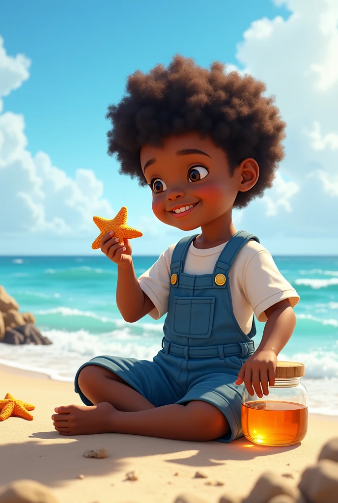 a boy 7 year old, he is black and has curly hair and is sitting on the edge of the beach, This boy is wearing a blue jumpsuit and a white shirt, They are happy and playing with a starfish, In his other hand he holds a jar of honey