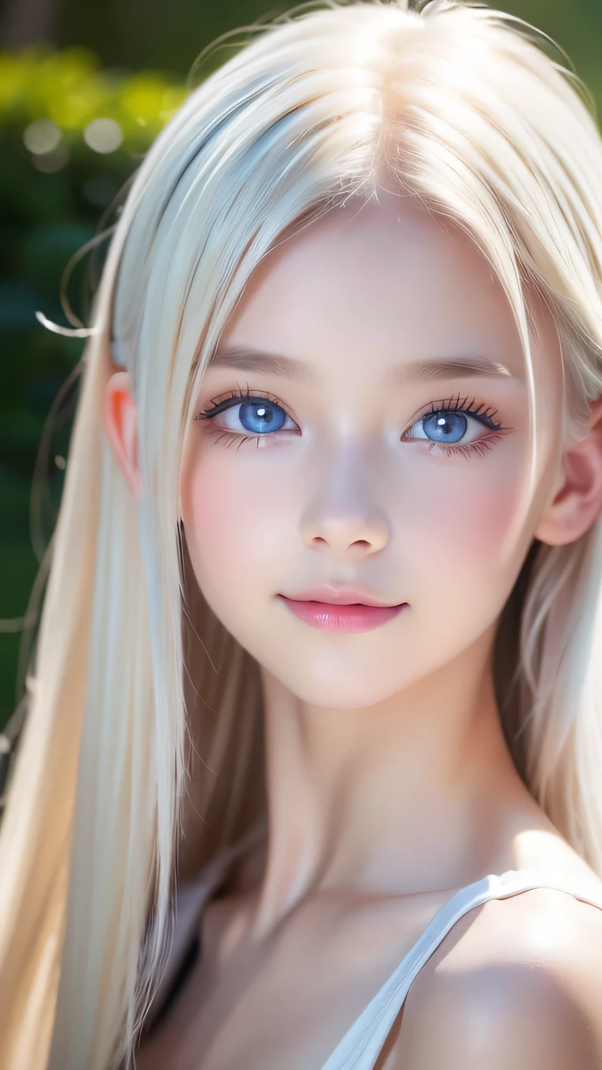 RAW Photos、(((A portrait of extreme beauty)))、((Radiant white beautiful skin))、1 person、A cute, child-faced, beautiful Nordic girl、((Glossy bright platinum blonde hair))、Cute clothes、Bangs that fall over the face、[Attractive, whitish, very light blue eyes]、Super long straight silky hair、eyeliner、Beautiful Bangs、Hair between the eyes、Fluttering Hair、smile、((masterpiece、最high quality、Super detailed、Film Light、Intricate details、High resolution、8k、Very detailed))、Detailed Background、8K  UHD、Digital SLR、Soft light、high quality、Film Grain、Fujifilm XT3 、Shallow depth of field、Natural light、（Perfect hands）、Small Face Beauty、Round face、Perfect beautiful face、Large Breasts