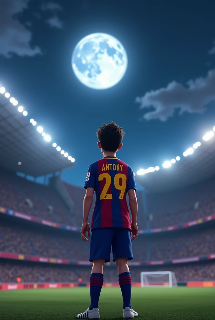 Animated young man wearing the Barcelona number 29 shirt with the name Antony, from behind entering a football stadium looking up at the sky at the moon in profile