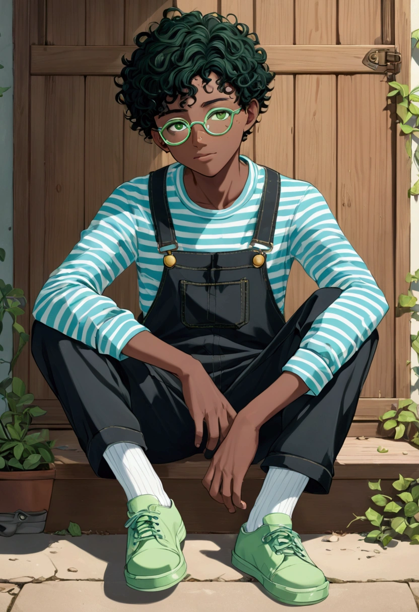 Young male, teen-young adult,anime,freckles, black skin,arm dimples,light baby blue striped shirt,overalls, white socks,light green shoes, light green eimmed glasses, black curly hair, black eye's