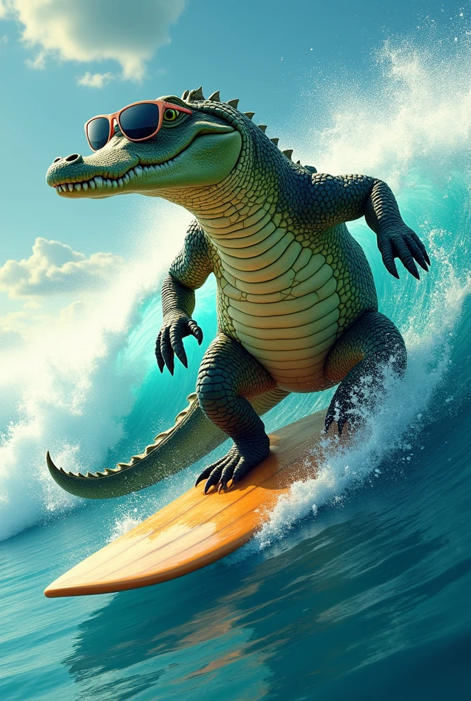An alligator wearing sunglasses surfing 