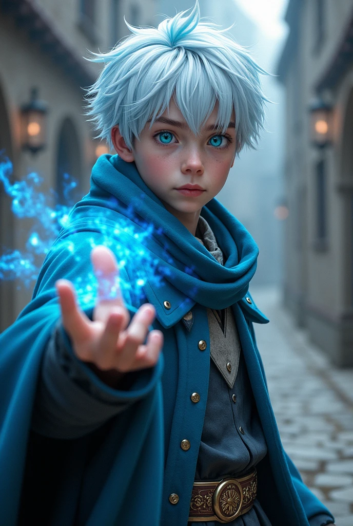 He has white hair with blue tips, he's a wizard, his eyes are light blue and he is young. A medieval period character with short hair.