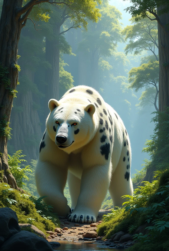 Make a white bear with black spots all over it, walking in a lush green forest 
